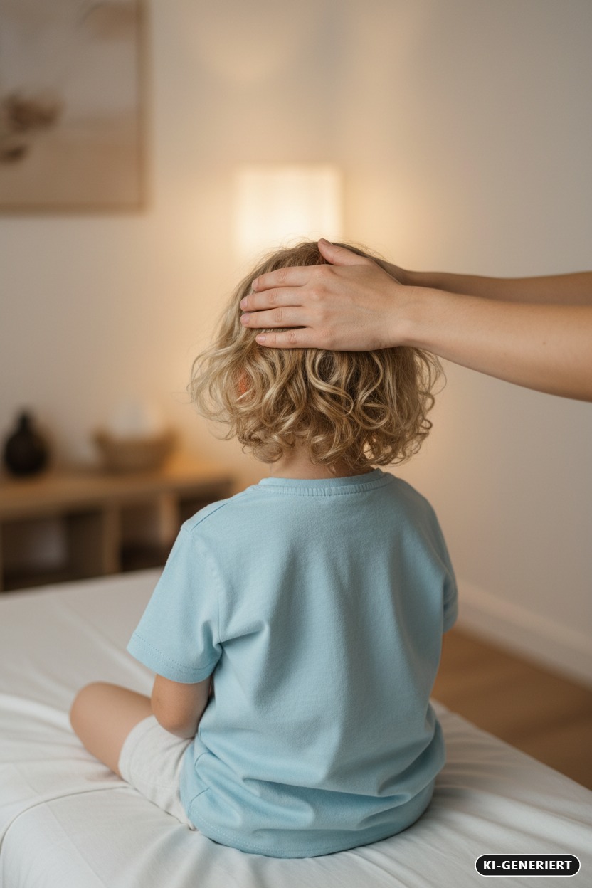 KI-generiert: Eine Person legt ihre Hände sanft auf den Kopf eines Kindes mit blonden Locken, das auf einer Behandlungsliege sitzt.